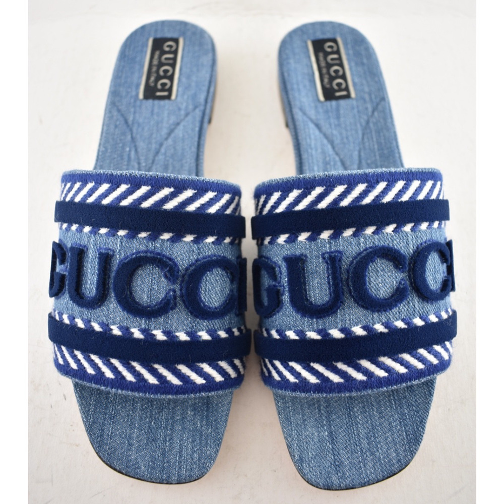 Gucci Jane Light Blue Denim Velvet Logo Mule Flat Slide Slip On Sandal 37 - Picture 8 of 16